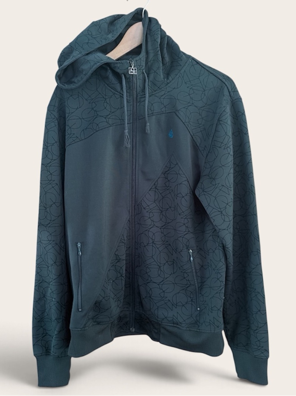 VOLCOM LARGE Men’s Dark Green Athletic Zip-Up Hoodie Teal Logo